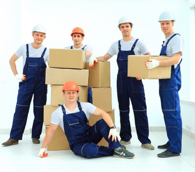 Trained moving staff handling boxes during a home relocation